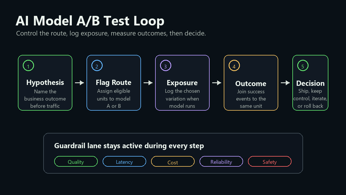 A/B test design for AI model routing from hypothesis to model assignment, exposure event, outcome event, guardrail review, and release decision
