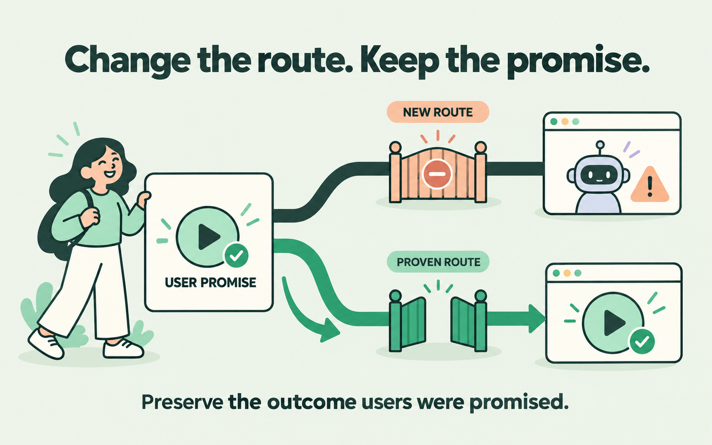 A user expecting a completed video is redirected away from a paused candidate route to a proven route that delivers the same promised outcome