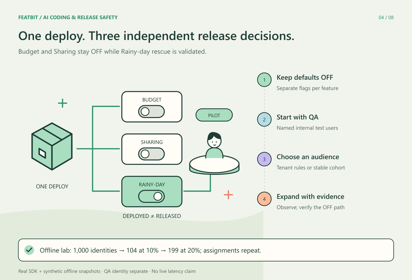 One feature parcel branches to separate Budget, Sharing and Rainy-day switches; only Rainy-day is ON for a selected pilot user