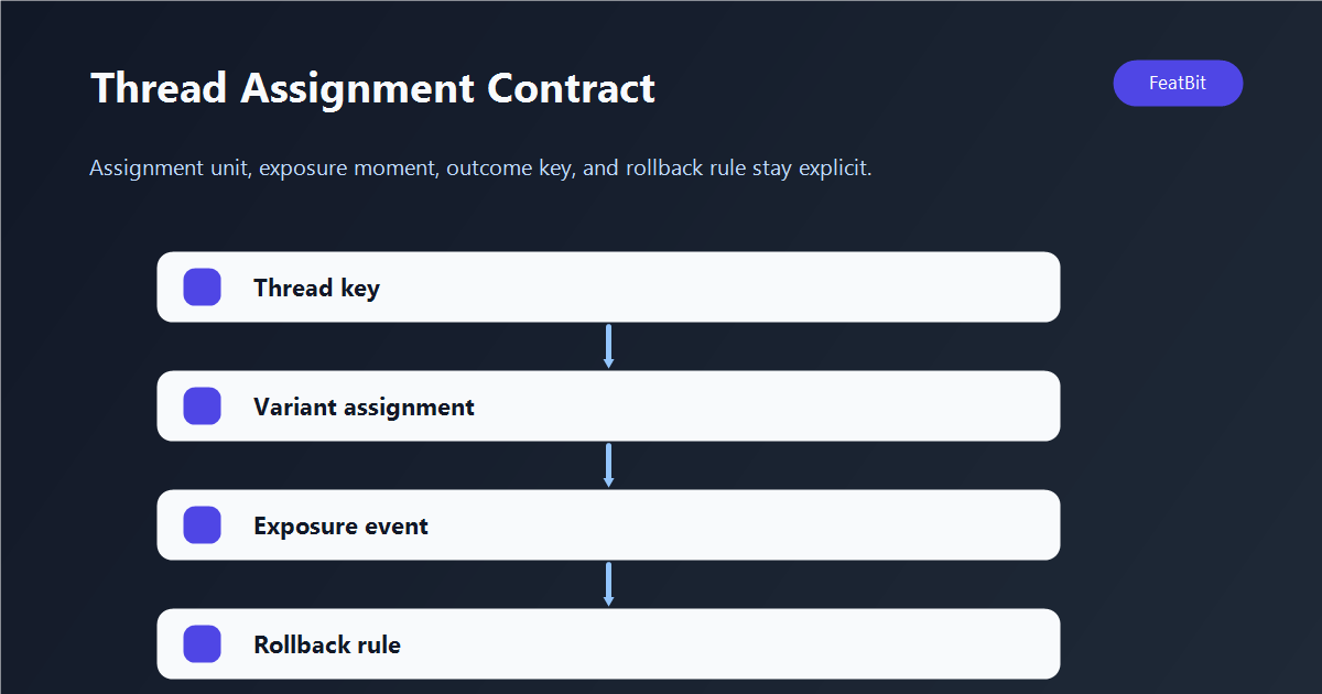 Chatbot thread assignment contract from thread creation to variant selection, stable turns, exposure events, and outcome metrics