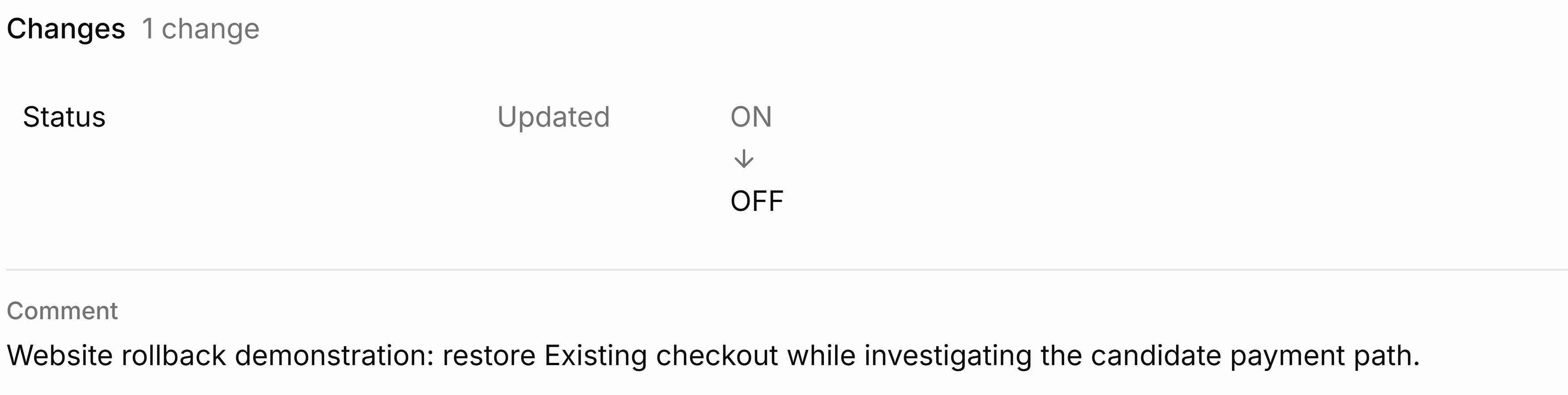 FeatBit history showing a checkout rollback from ON to OFF and its reason.