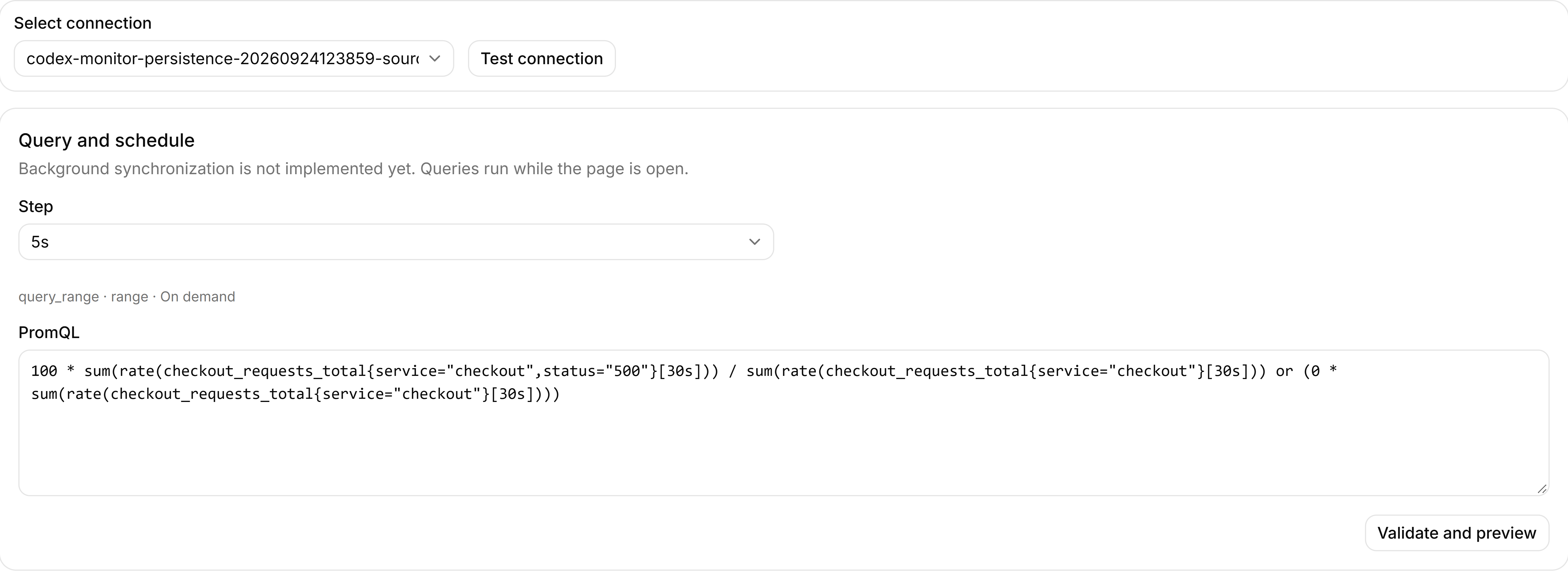 Release Health design preview with a Prod connection, PromQL query, five-second step, and on-demand query notice.