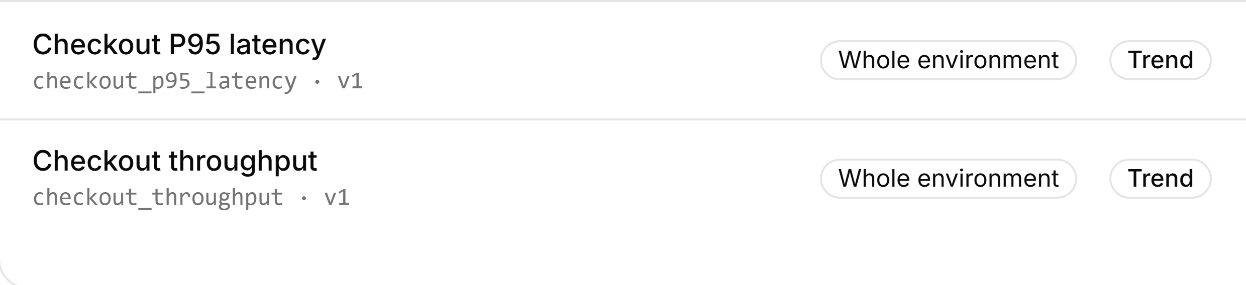Release Health metric bindings for Checkout P95 latency and Checkout throughput, both used as trends.
