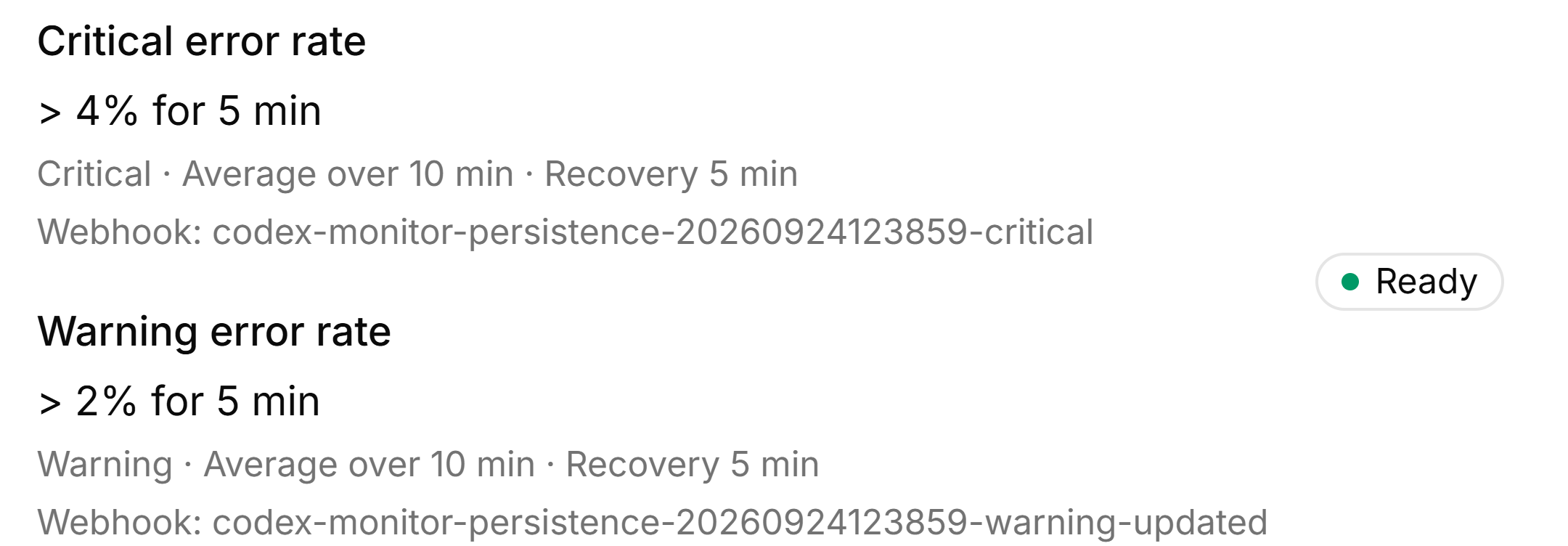 Release Health design preview showing critical and warning error-rate thresholds, sustained windows, and a configured webhook for each guard rule.