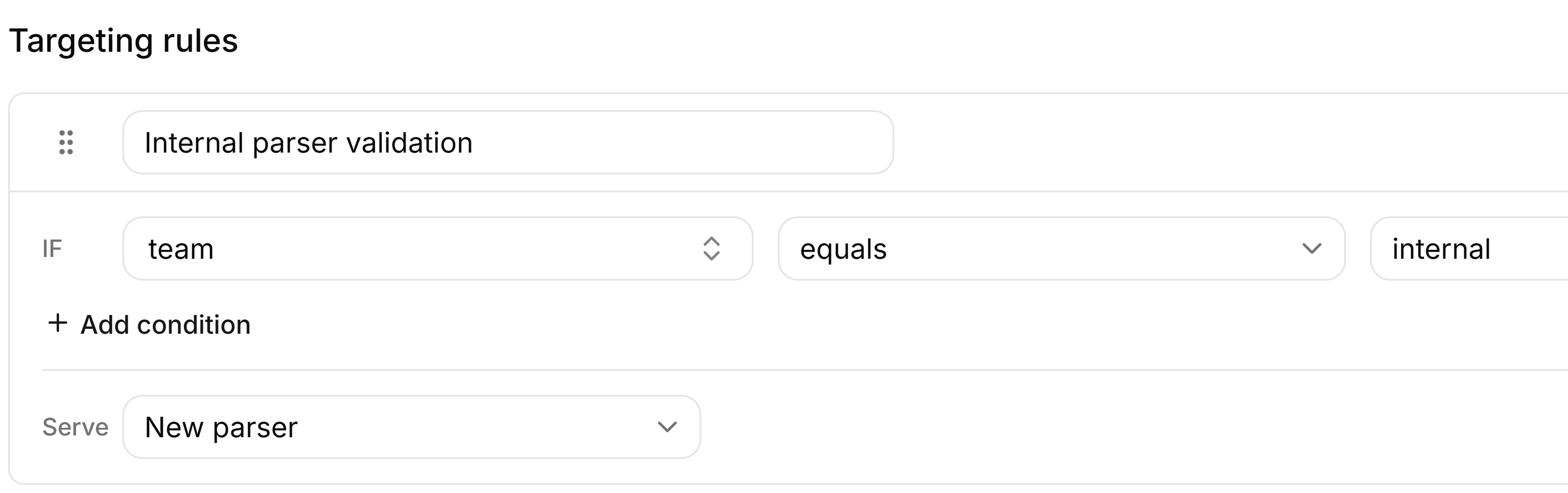 FeatBit ai-parser internal validation rule using the team attribute and serving New parser.