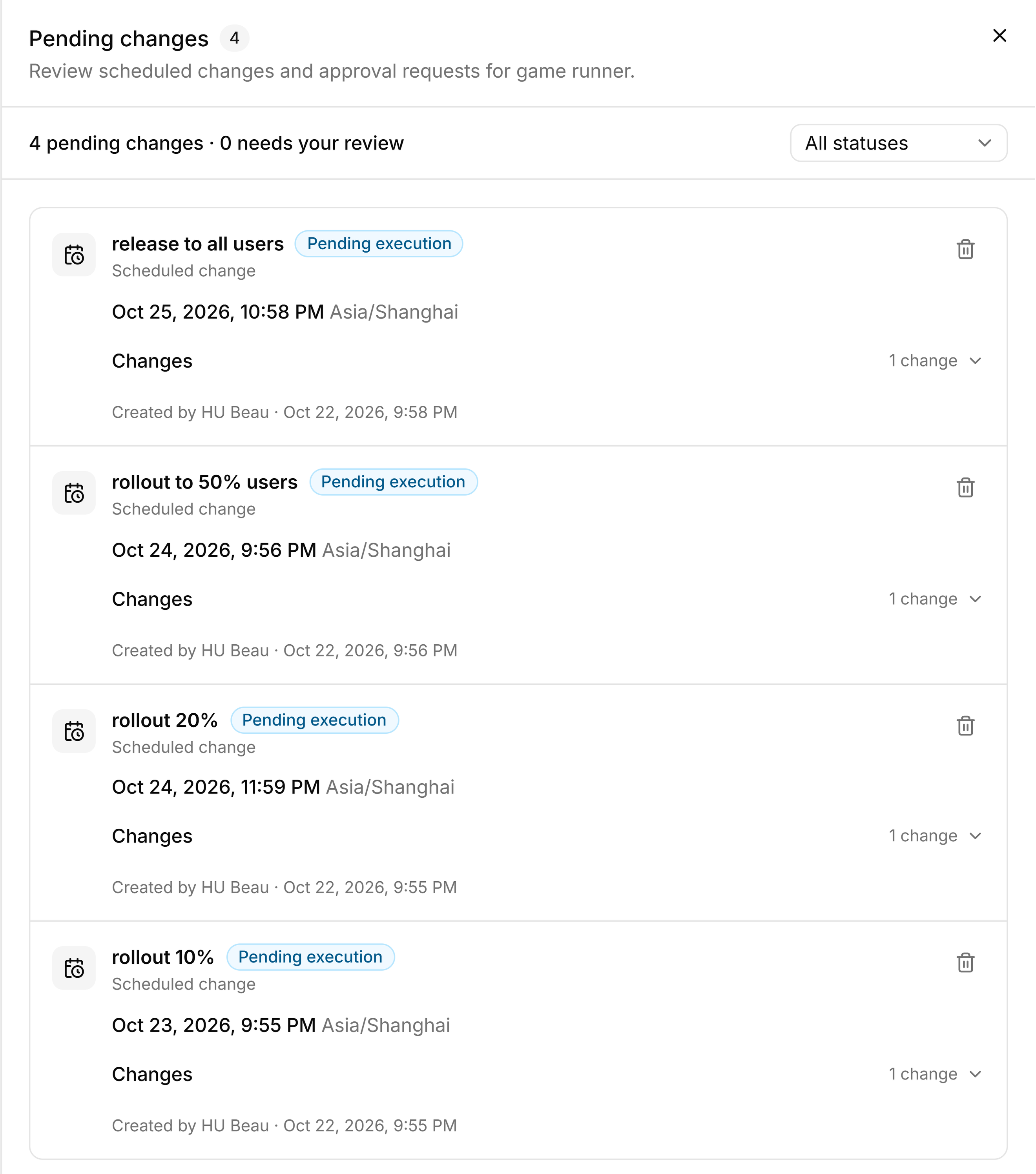 FeatBit pending-changes panel for game runner listing four scheduled rollout changes, all pending execution.