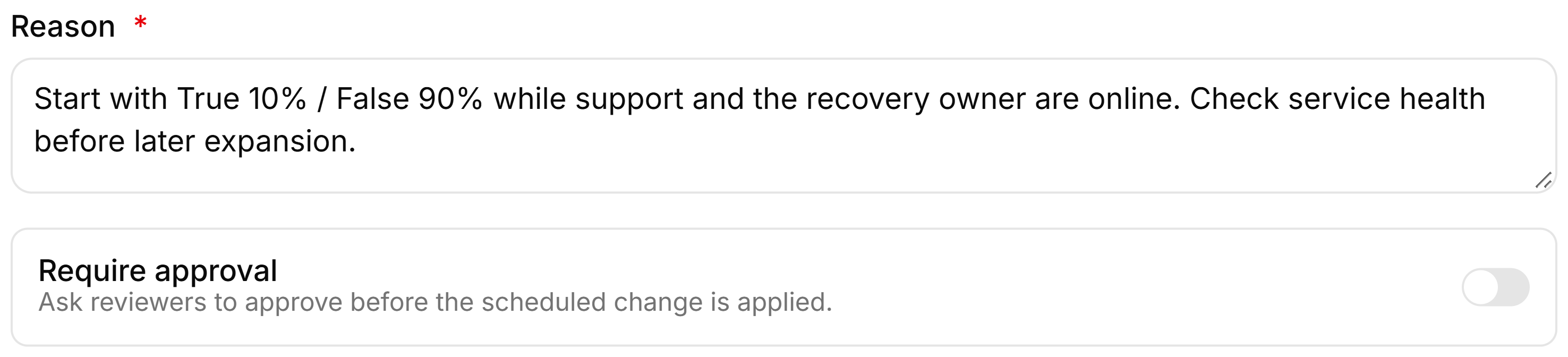 FeatBit scheduling reason documenting True 10 percent and False 90 percent, a staffed release window, and a health check before expansion.