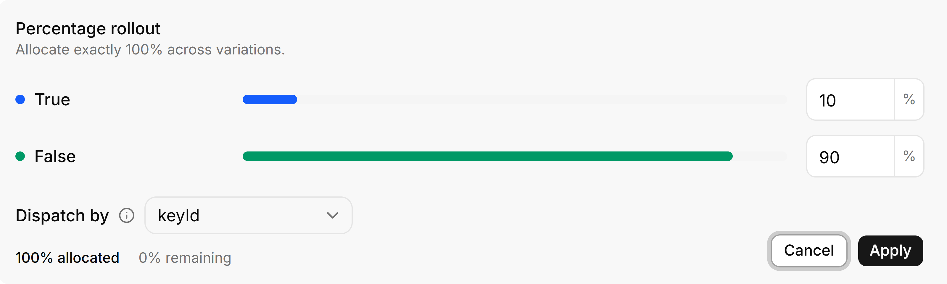 FeatBit percentage rollout editor configured with True at 10 percent, False at 90 percent, and dispatch by keyId.