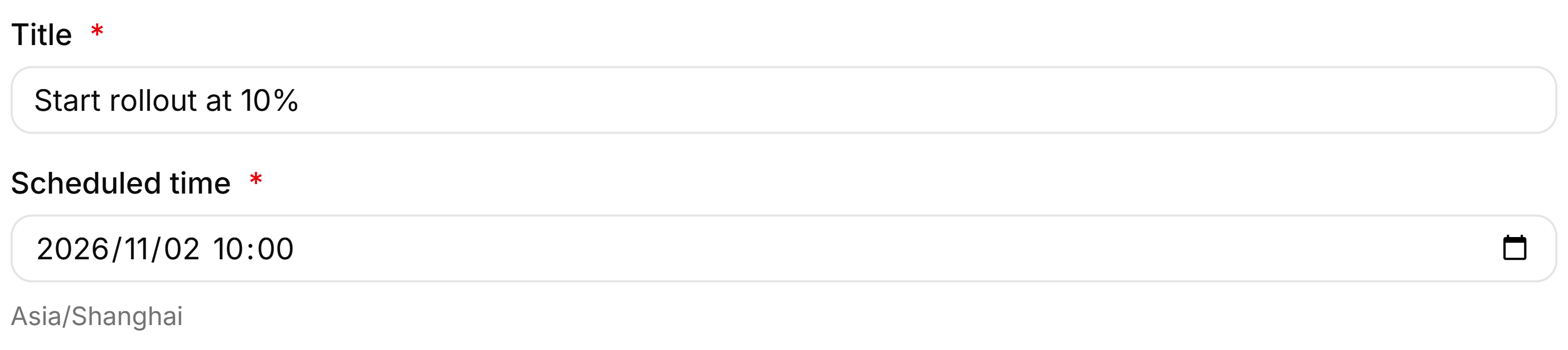 FeatBit scheduling title, date and time controls showing Asia/Shanghai.