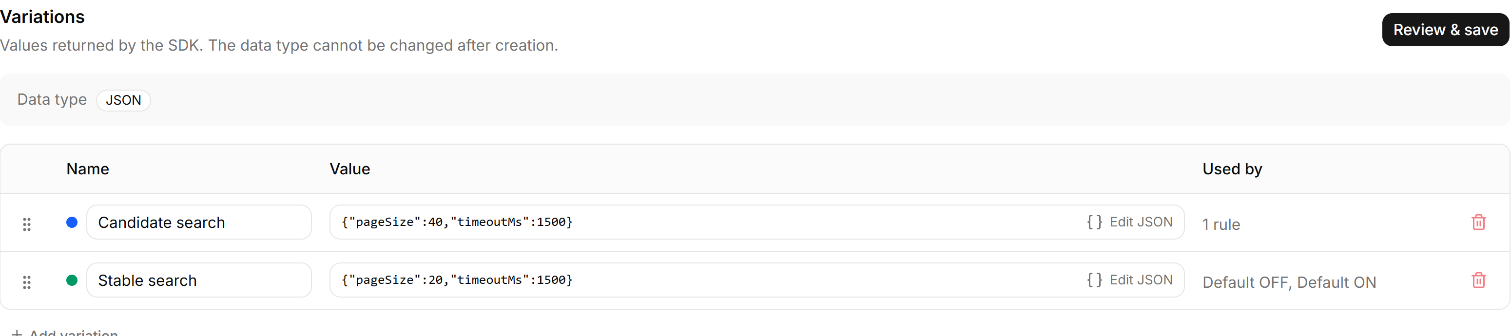 FeatBit JSON variations showing Candidate search with pageSize 40 and Stable search with pageSize 20, both with timeoutMs 1500.