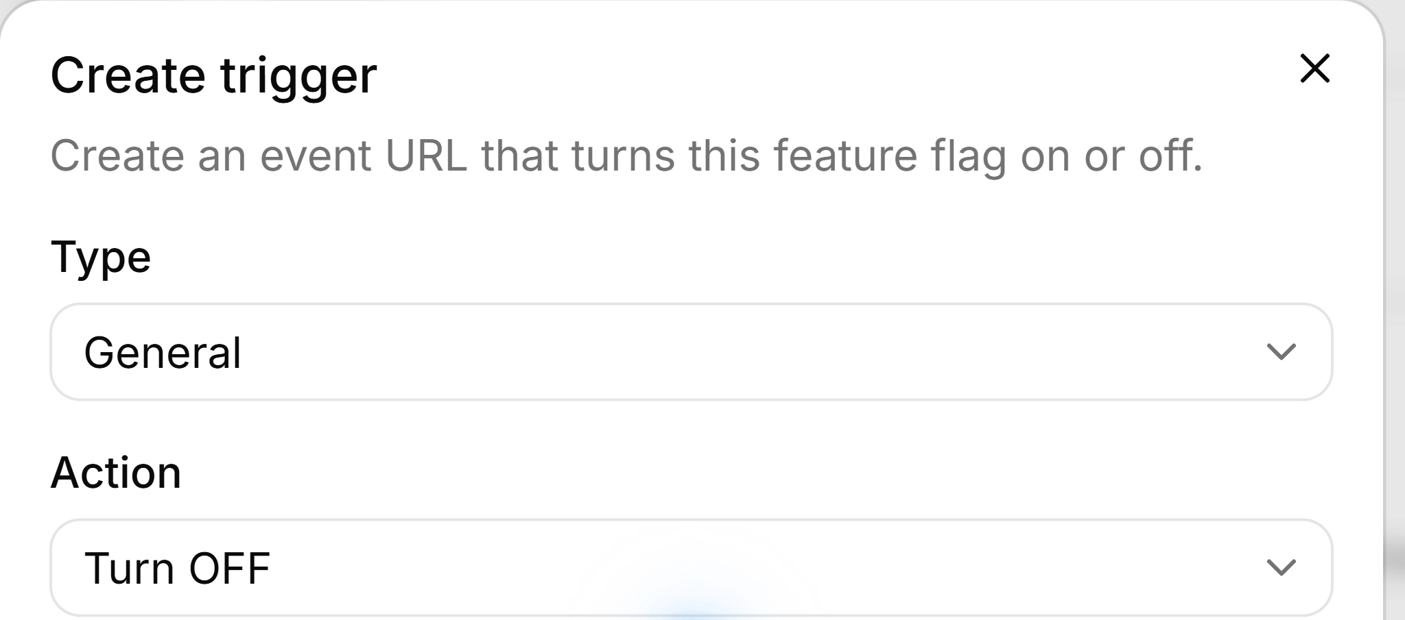 FeatBit Create trigger form with General type and Turn OFF action selected.